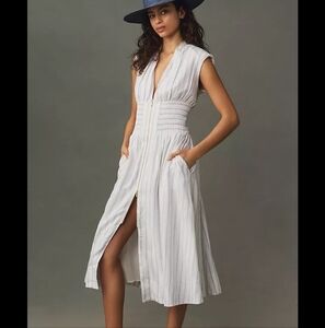 Anthropologie Tommy Dress In White Linen With Blue Stripe